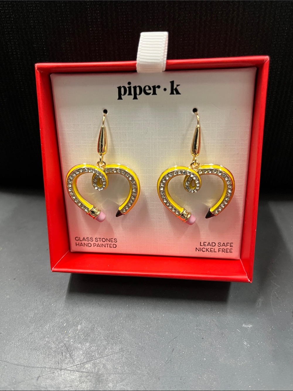 NIB Piper Gold Heart Drop Earrings with Pink Tips and Crystal Accents Pencil ❤️